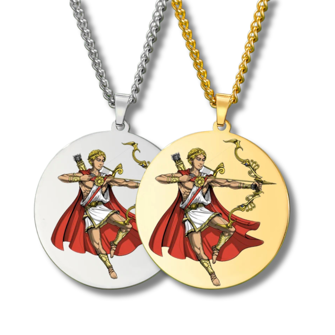 Two necklaces with pendant designs of the Greek God Apollo in a red cape on a white background