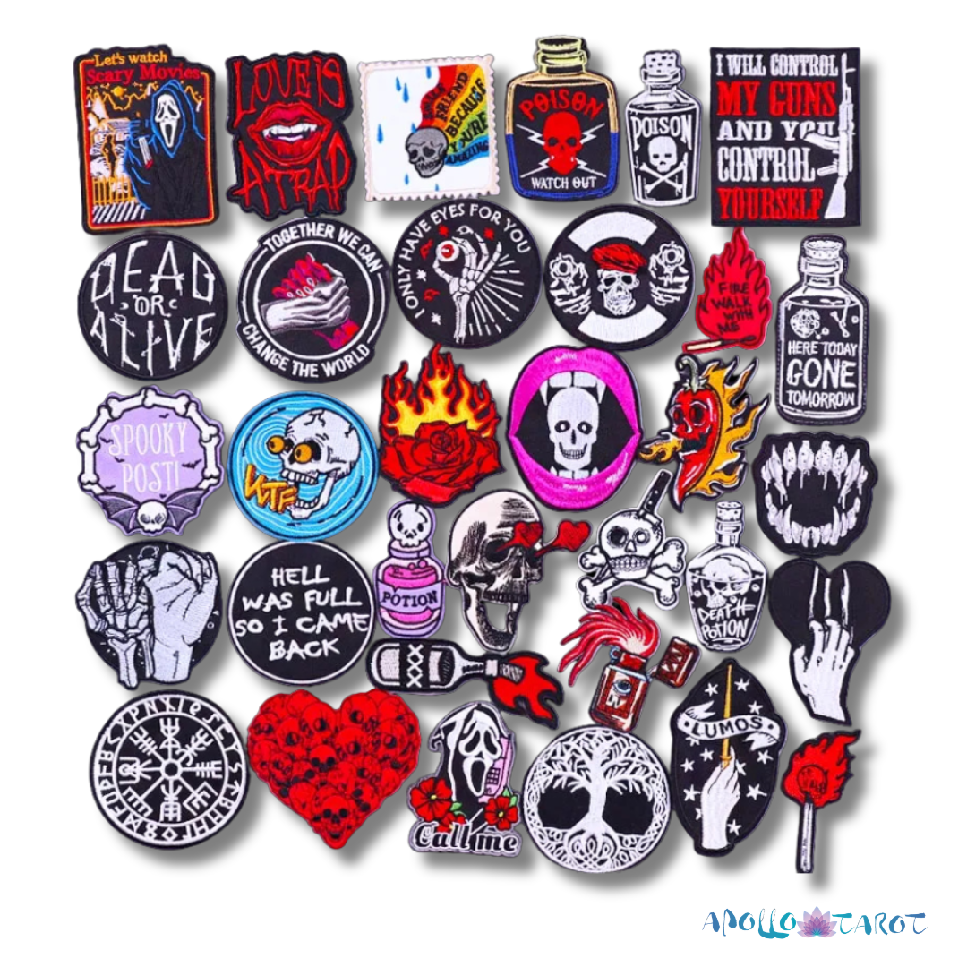 Collection of various styled patches with different designs on a white background