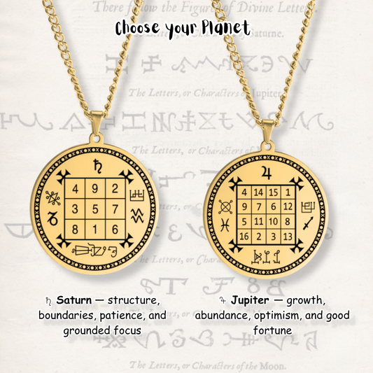 Two gold-toned pendant necklaces displayed on a light textured background with astrological text. Each necklace has a round pendant with a magic square grid and symbols, and the top text reads 'Choose your Planet' with labels below describing Saturn and Jupiter pendants.