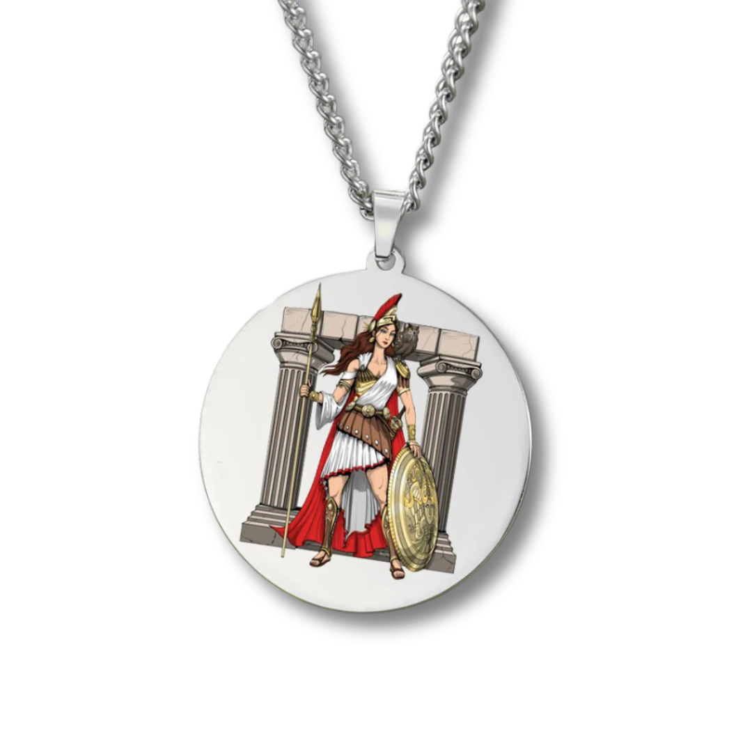 Medallion necklace with a Goddess Athena warrior design on a white background