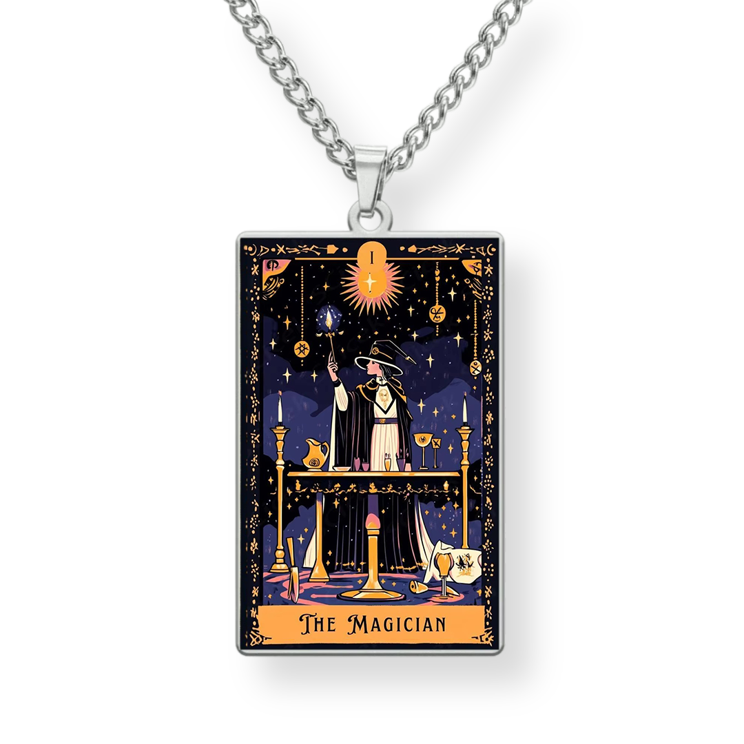 Necklace with a pendant featuring 'The Magician' tarot card design on a white background
