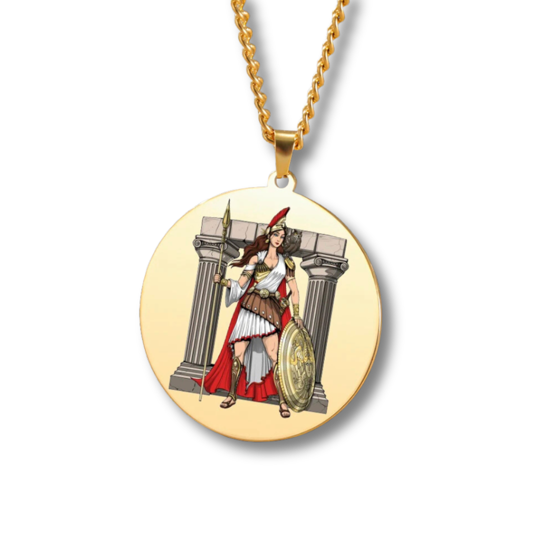 Gold necklace with a pendant featuring a classical design of Goddess Athena as a warrior and columns on a white background