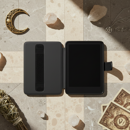 Black Kindle Paperwhite 7" Case on a textured surface with decorative items