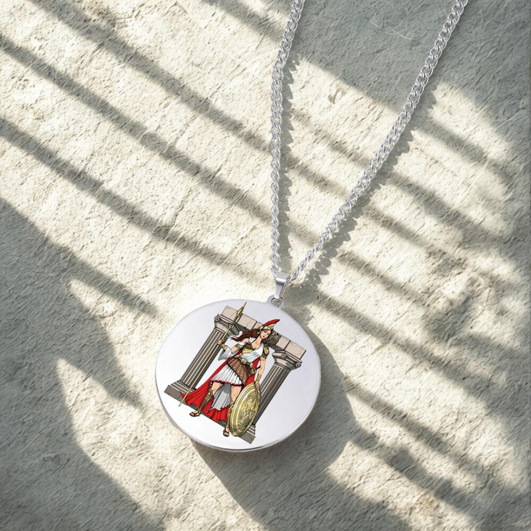 Necklace with a round pendant featuring an illustration of Goddess Athena and Greek columns on a light background