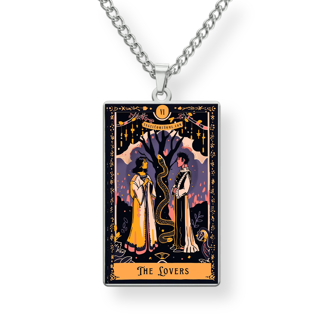 Necklace with 'The Lovers' tarot card pendant on a white background