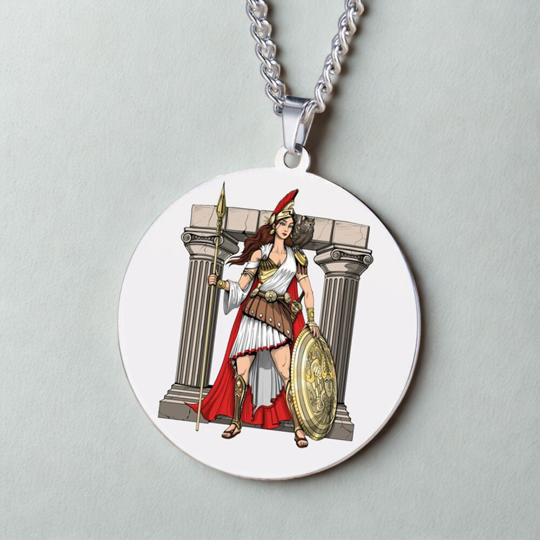 Medallion with Goddess Athena design on a gray background