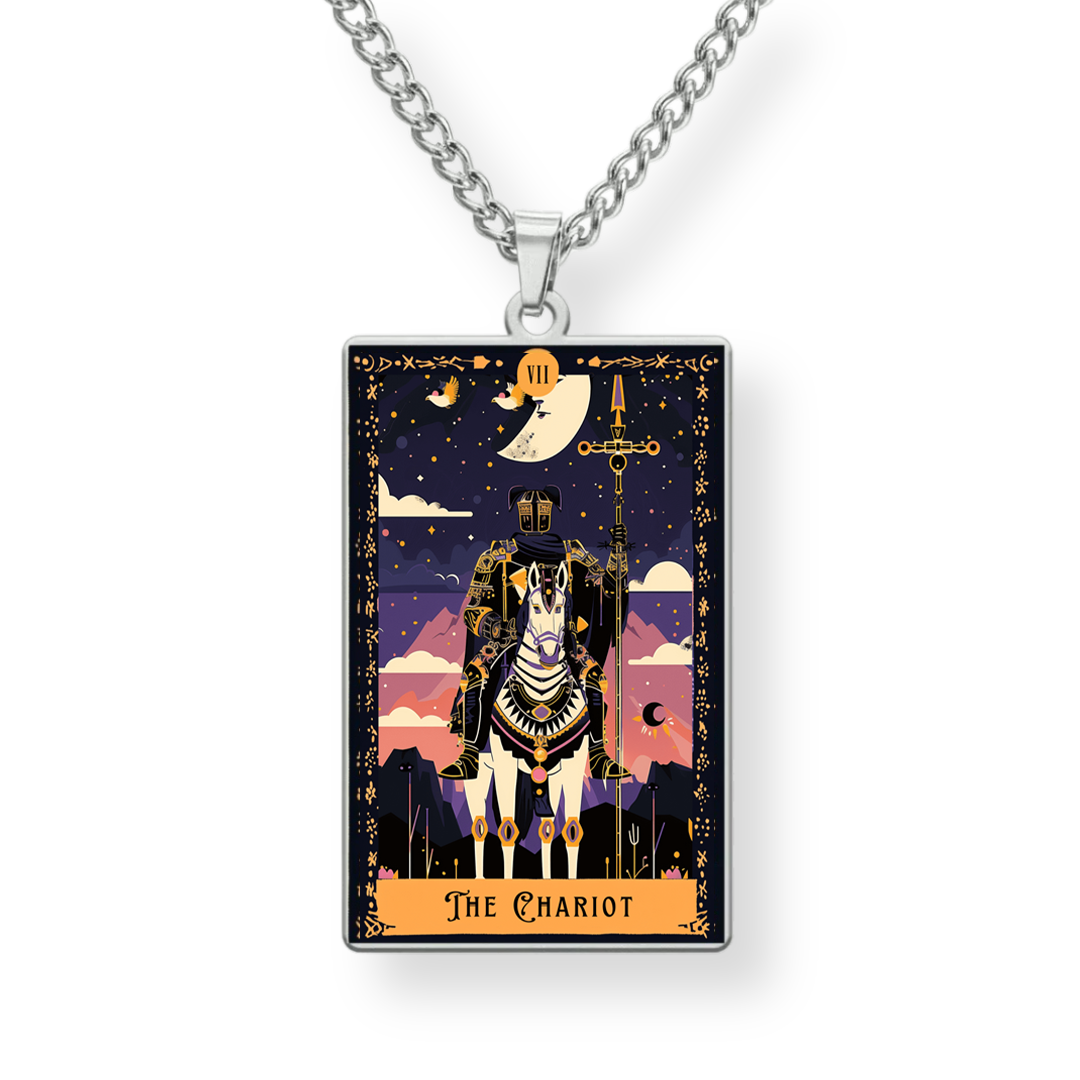 Necklace with a pendant featuring 'The Chariot' from Tarot cards on a white background