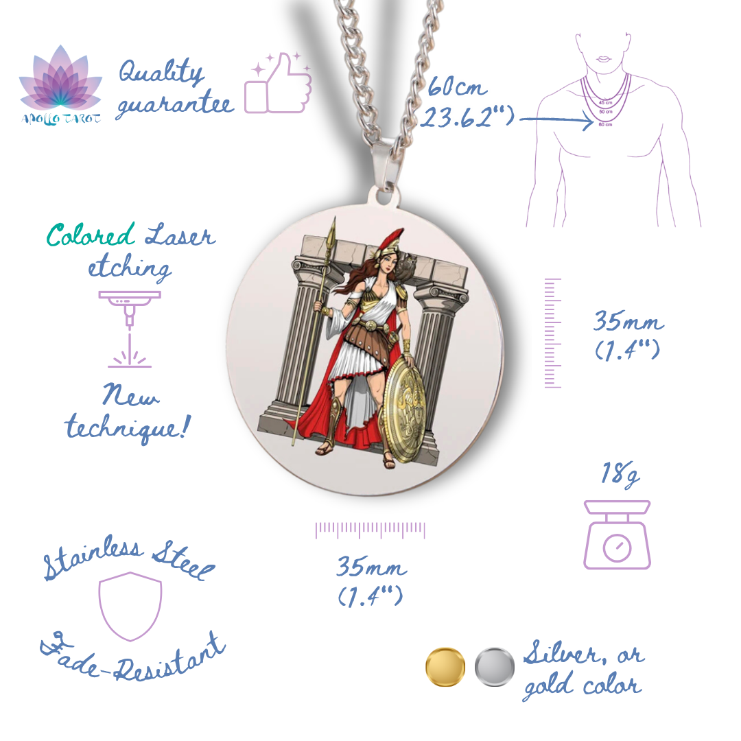 Necklace with a circular pendant featuring a Goddess Athena design, surrounded by product details on a white background.