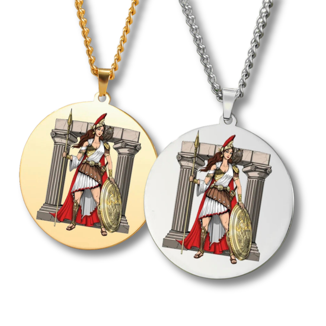 Two circular pendants featuring a Goddess Athena design on gold and silver chains.