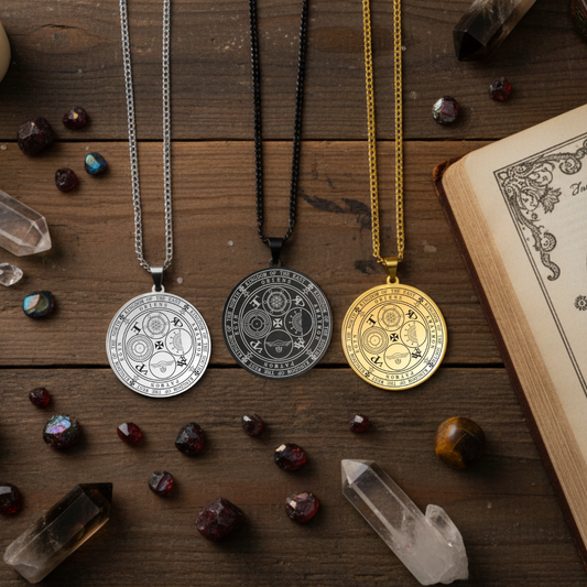 Three necklaces with circular pendants engraved with the Four Kings Seal on a wooden surface with crystals and an open book.