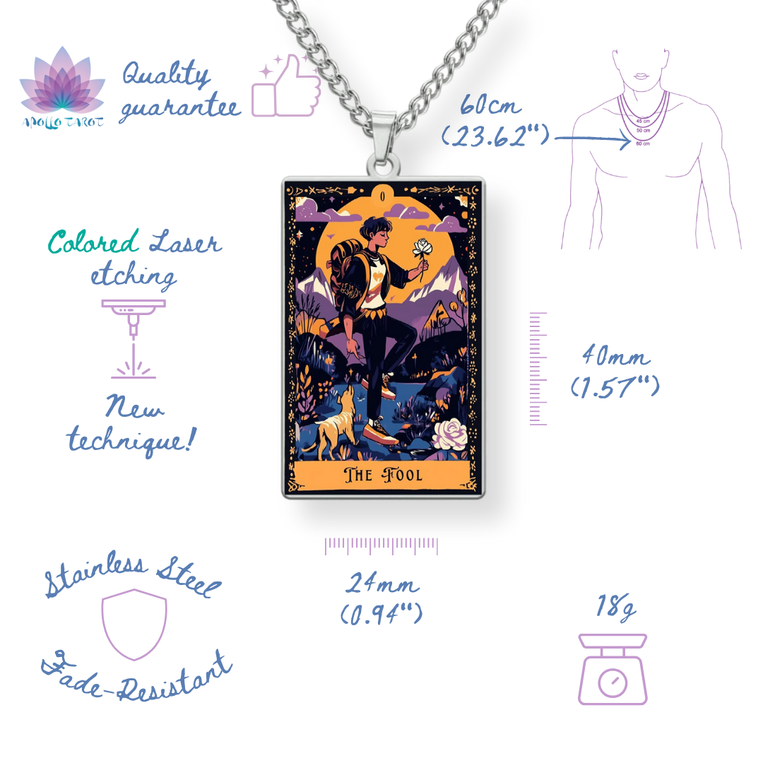 Necklace with tarot card pendant on a white background with product details.