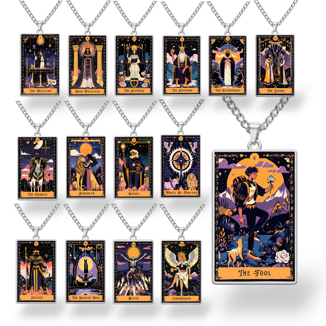 Collection of tarot card-themed necklaces on a white background