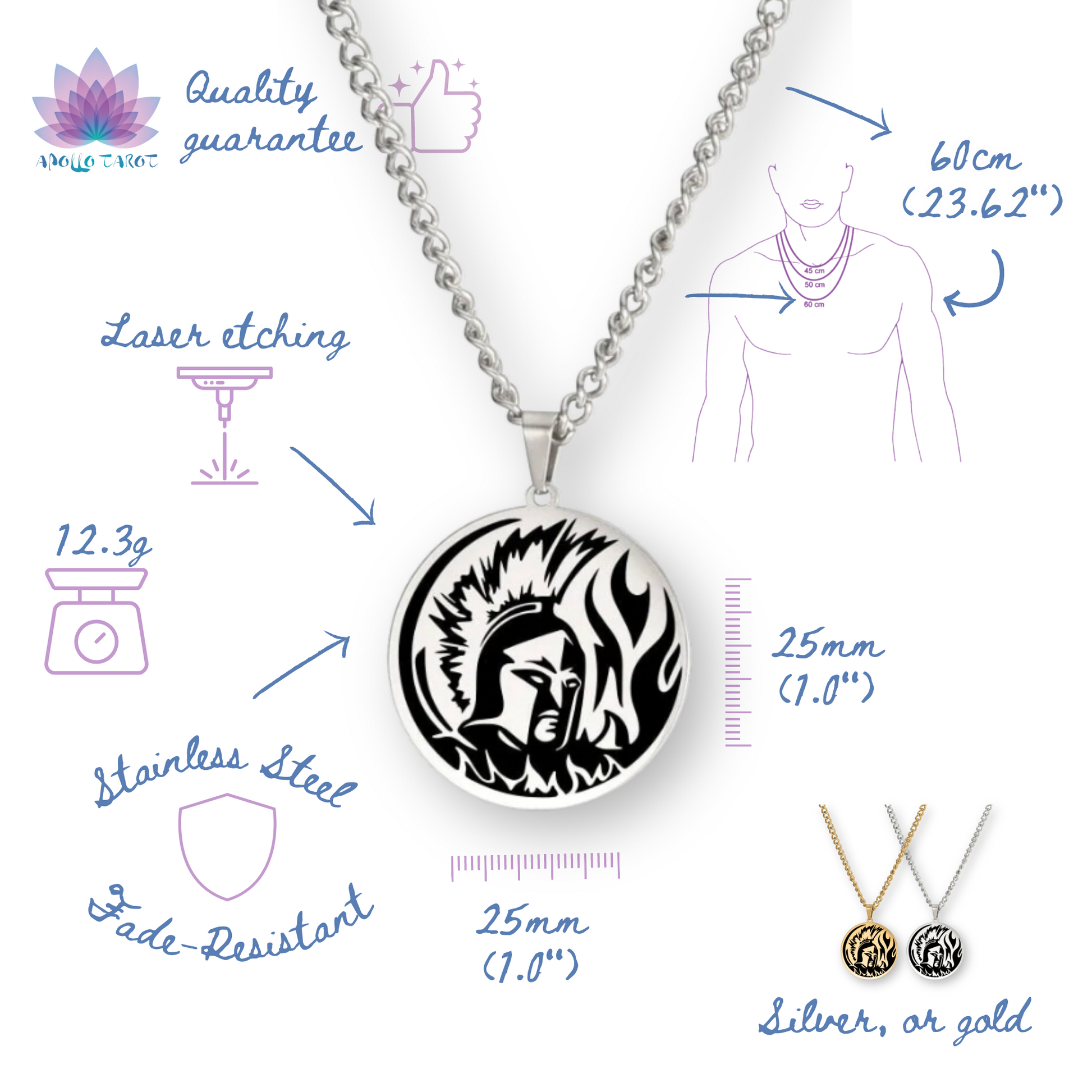 Greek Mythology Necklace | Ancient Deity Pagan Worship Round Pendant | Roman God & Goddess Silver Or Gold-Plated Stainless Steel Unisex Witchy Jewelry | Apollo Tarot Shop