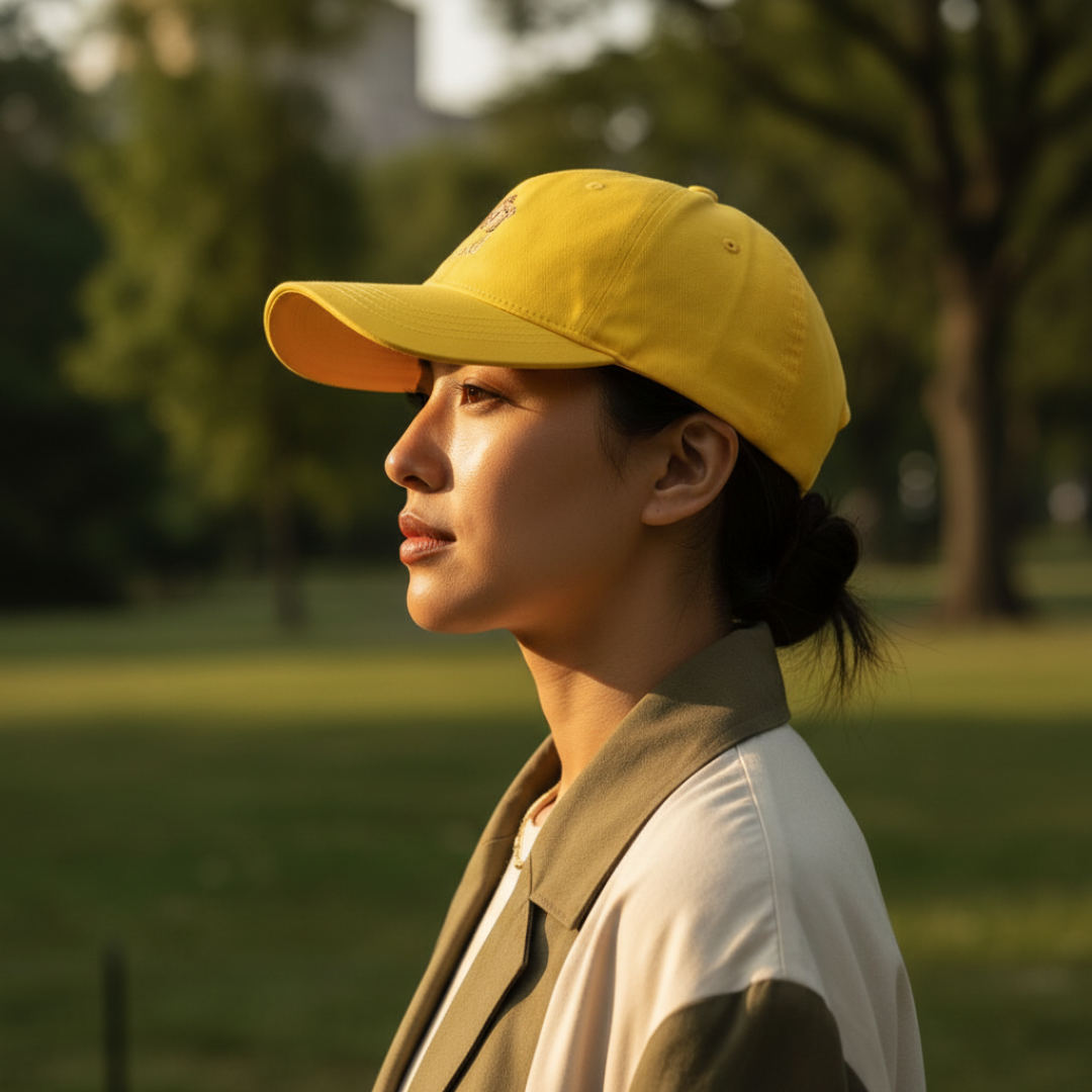 Thoughtful woman walking through a park, wearing a bright yellow baseball cap featuring The Fool tarot card