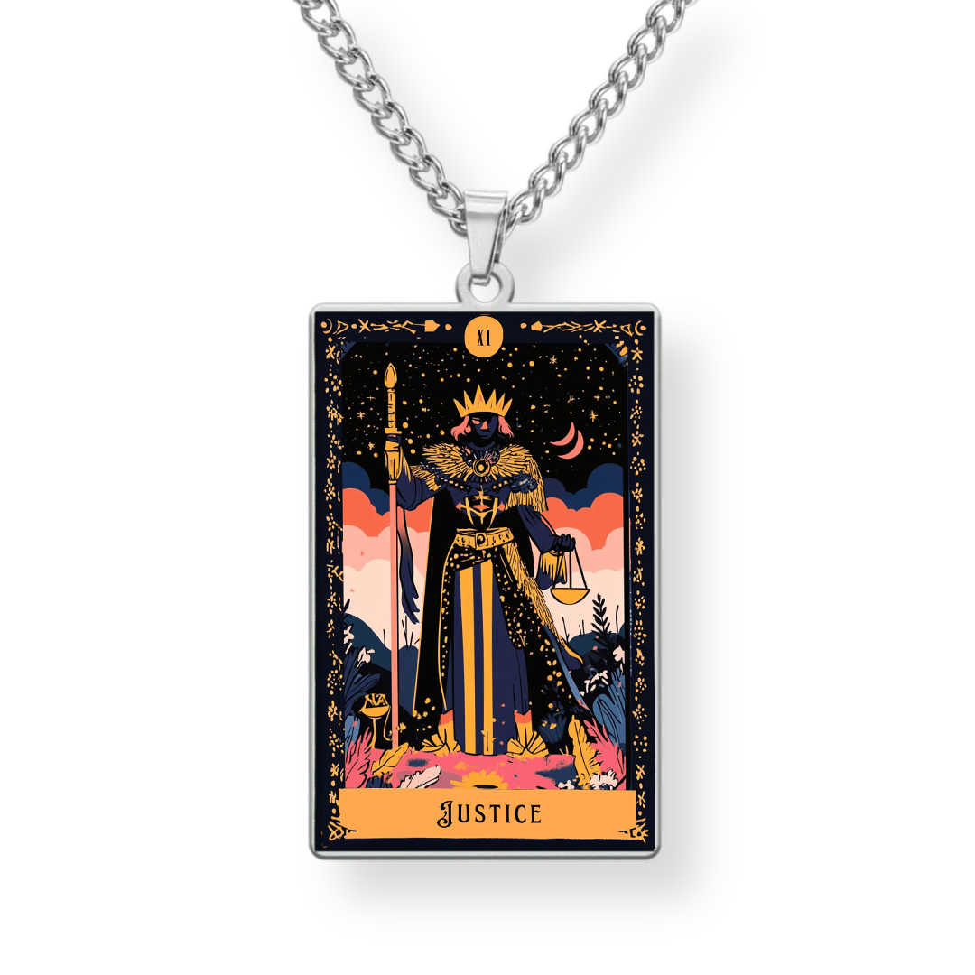 Necklace with 'Justice' tarot card pendant on a white background