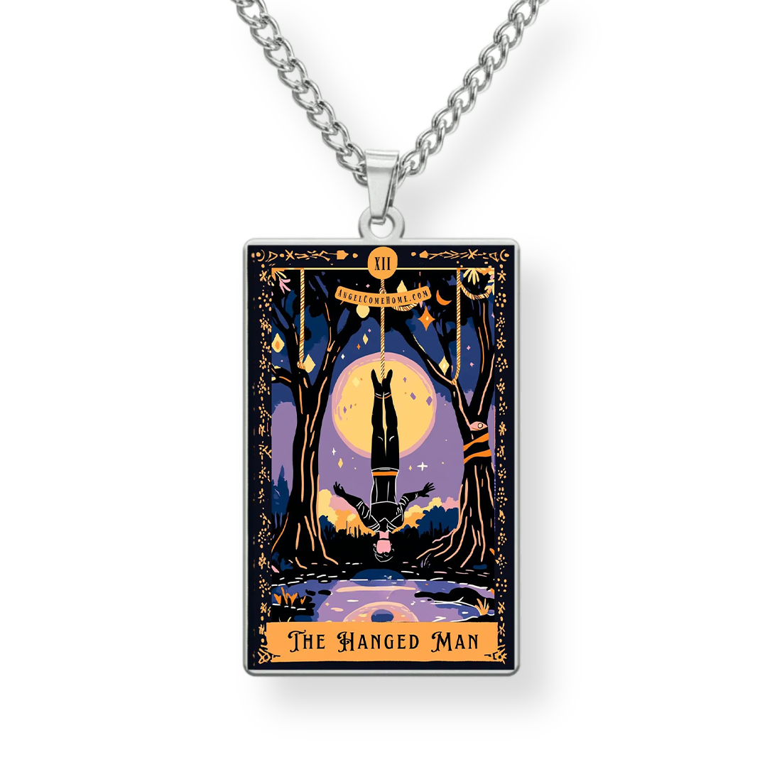 Pendant with 'The Hanged Man' tarot card design on a white background