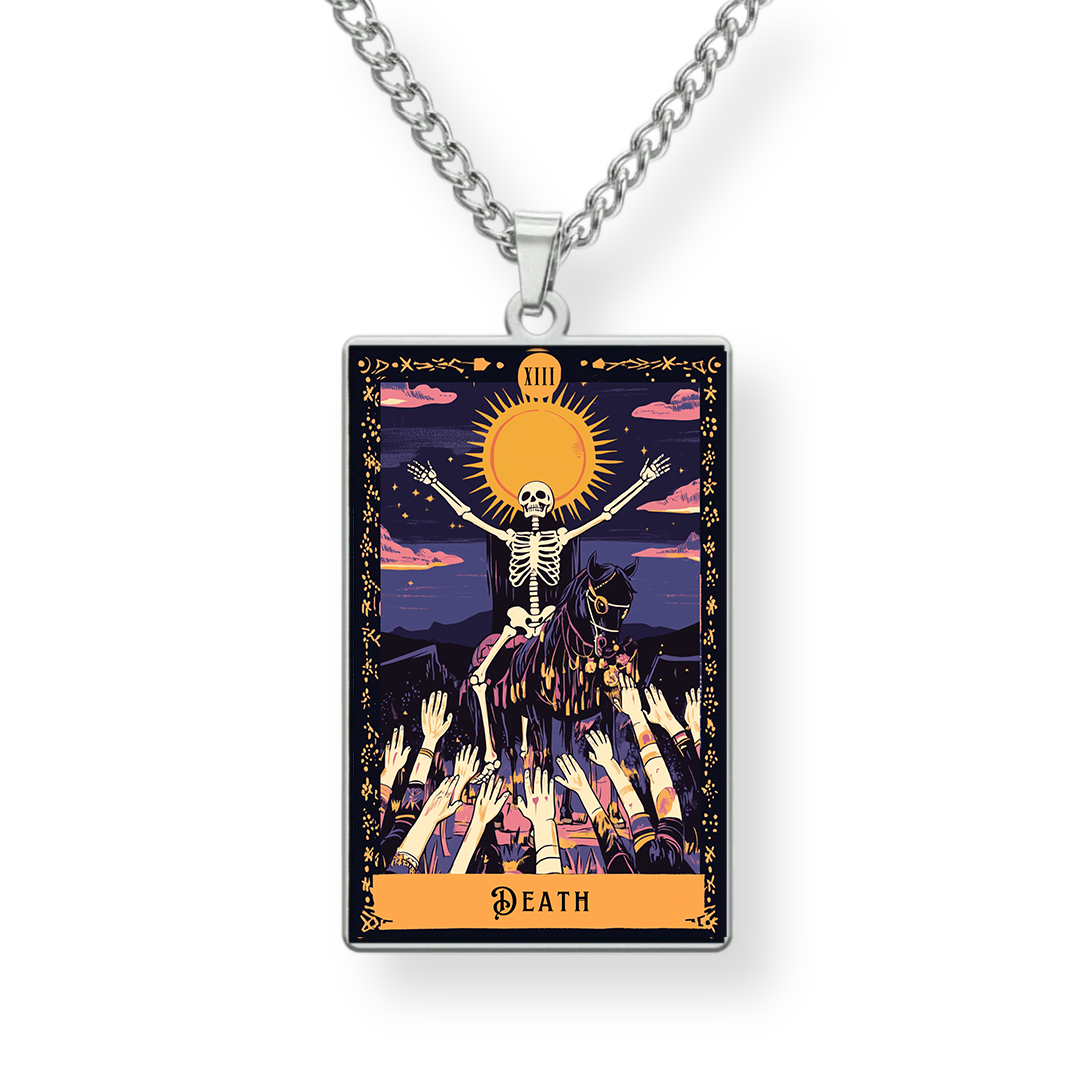 Necklace with a 'Death' tarot card pendant on a white background