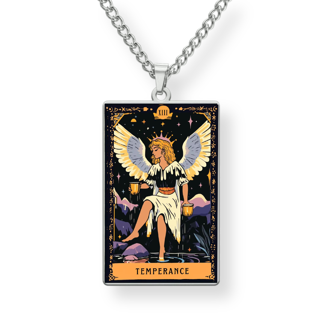 Necklace with a pendant featuring a tarot card design of 'Temperance' with an angelic figure.