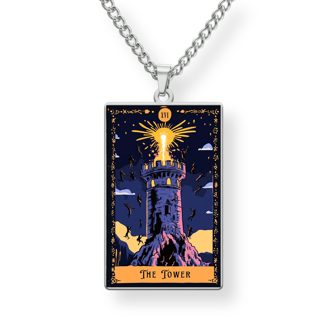 Necklace with 'The Tower' tarot card pendant on a white background