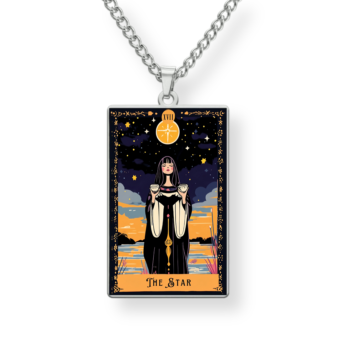 Pendant with 'The Star' tarot card design on a chain against a white background