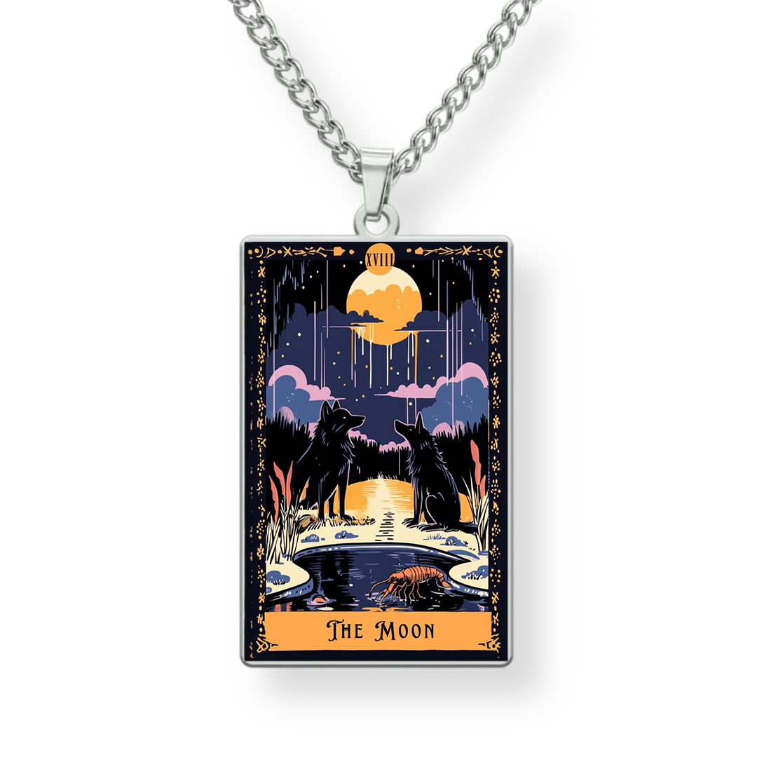Necklace with pendant featuring 'The Moon' tarot card design on a white background