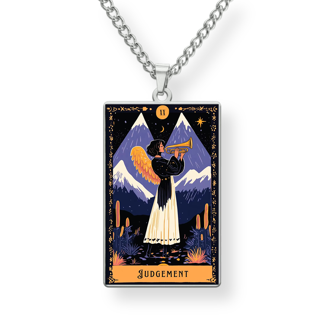 Necklace with a pendant featuring an angelic figure and mountains, labeled 'Judgement'.