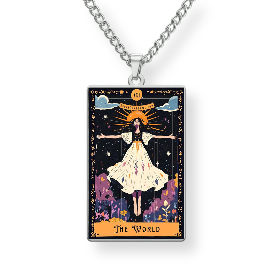 Necklace with a pendant featuring 'The World' tarot card design on a white background