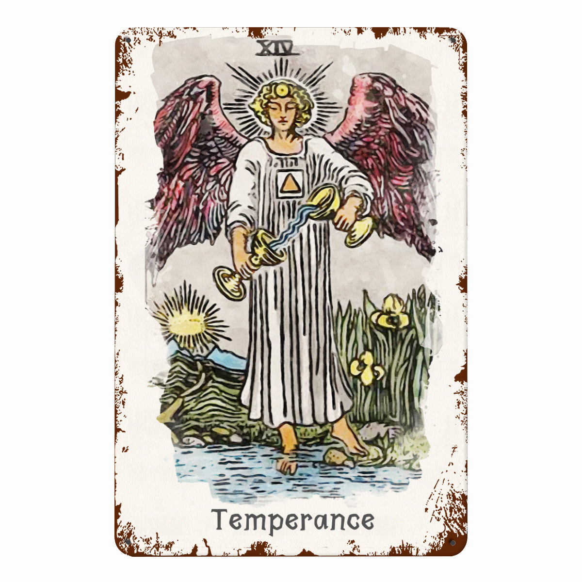 Pintura de carta de tarô com o símbolo da temperança em lata • Cartas estilo Waite com arcanos maiores, impressão em metal vintage