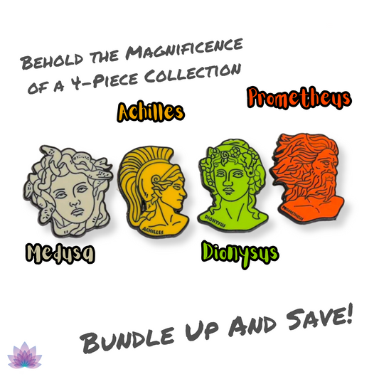 4 Piece Set Greek Mythology Pins • Medusa Prometheus Achilles Dionysus Head Brooch • Doodle Ancient Roman Deity Badge • Pagan Worship Witchy Pin • Apollo Tarot Shop
