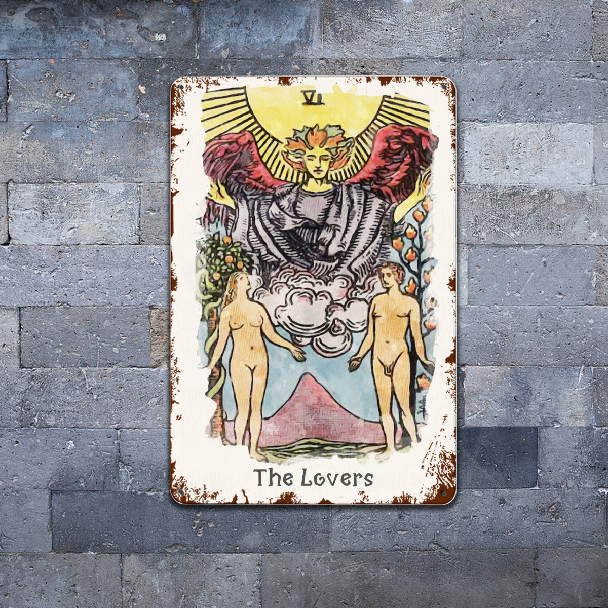 Tin Sign Of The Lovers Tarot Card Painting • Major Arcana Waite-Style Cards Vintage Metal Print • Apollo Tarot Design Shop