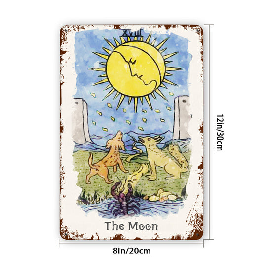 Tin Sign Of The Moon Tarot Card Painting • Major Arcana Waite-Style Cards Vintage Metal Print • Apollo Tarot Design Shop