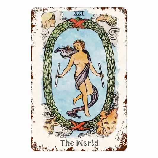 Tin Sign Of The World Tarot Card Painting • Major Arcana Waite-Style Cards Vintage Metal Print • Apollo Tarot Design Shop