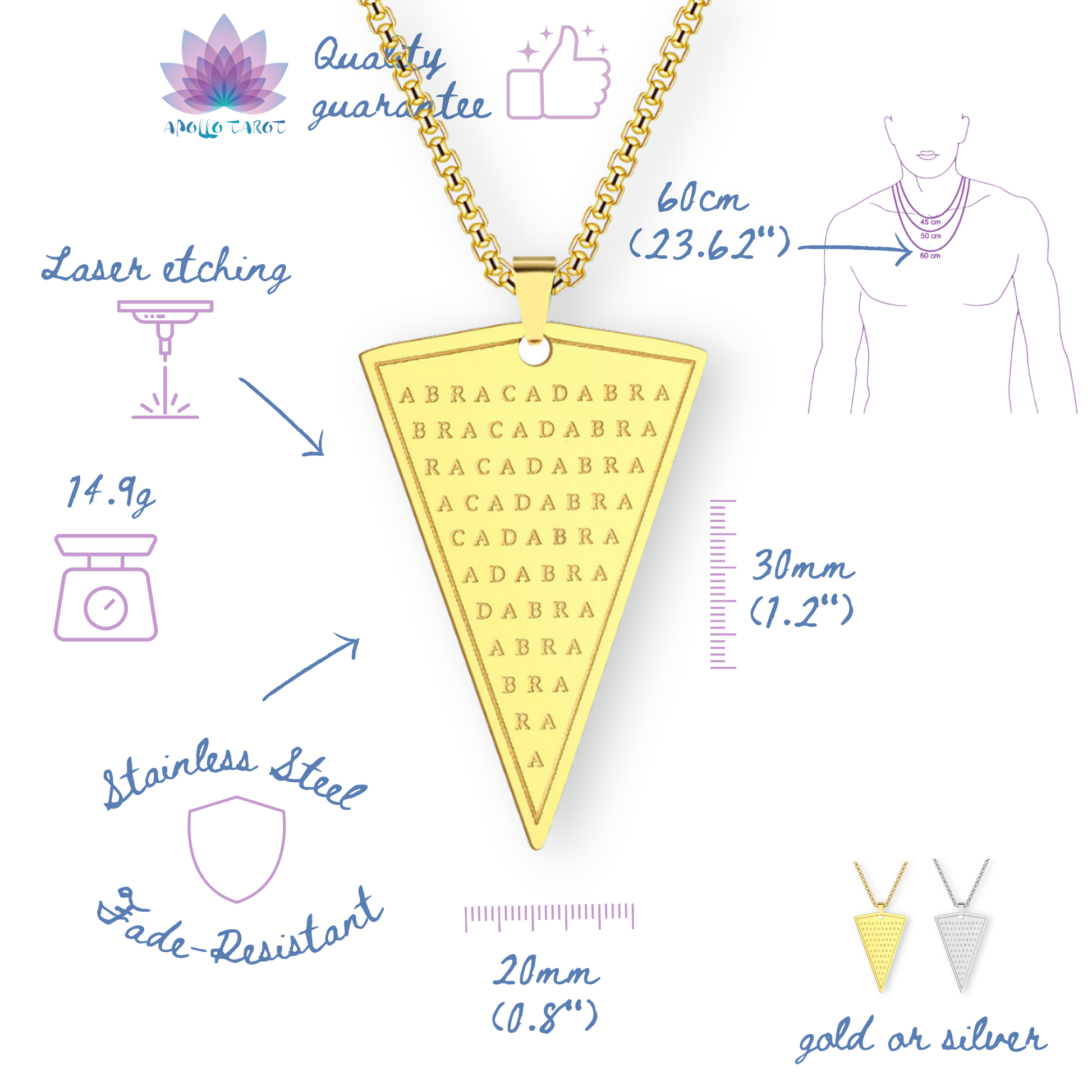 Abracadabra Kabbalah Necklace | Protection Healing Magick Triangle Pendant | Esoteric Unisex Cabbalist Occult Amulet Jewelry | Apollo Tarot Shop
