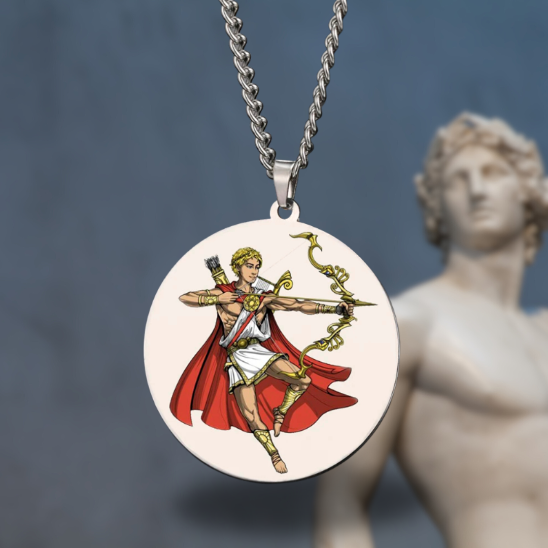 Medallion with the Greek God Apollo design on a chain, statue in the background