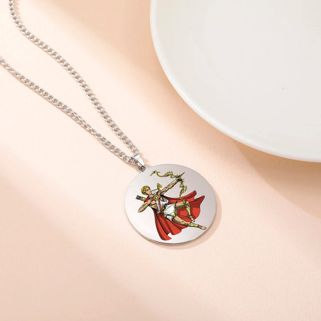 Necklace with a circular pendant featuring a colorful Greek God Apollo illustration on a beige background