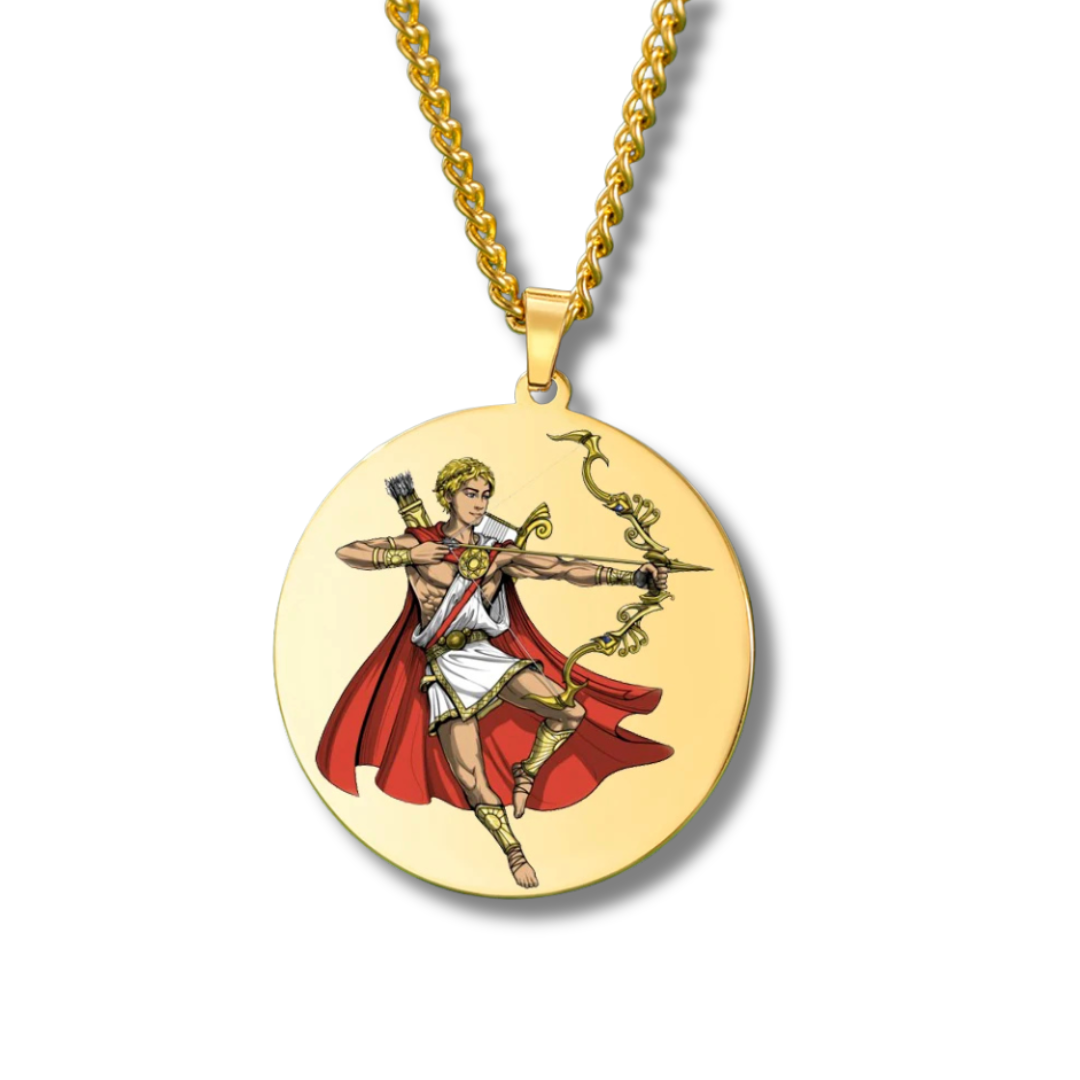 Gold pendant with the Greek God Apollo in a red cape and bow on a white background