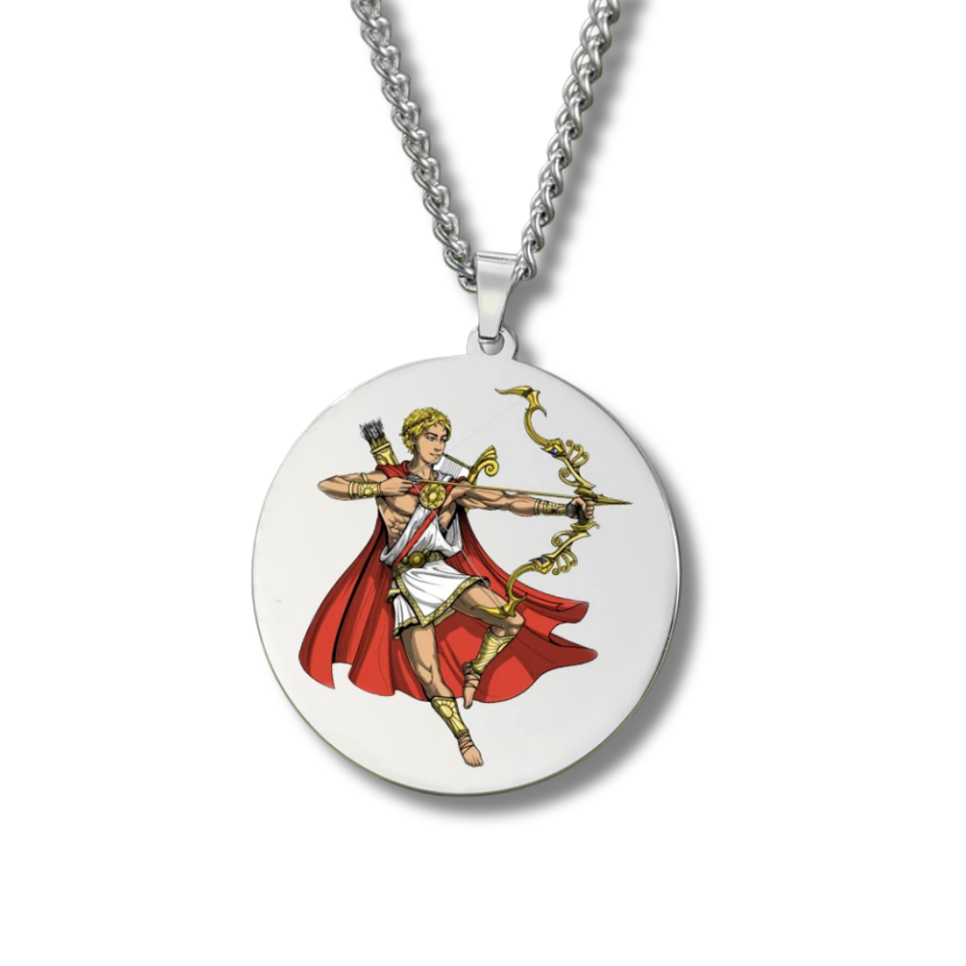 Medallion necklace with a Greek God Apollo design on a white background