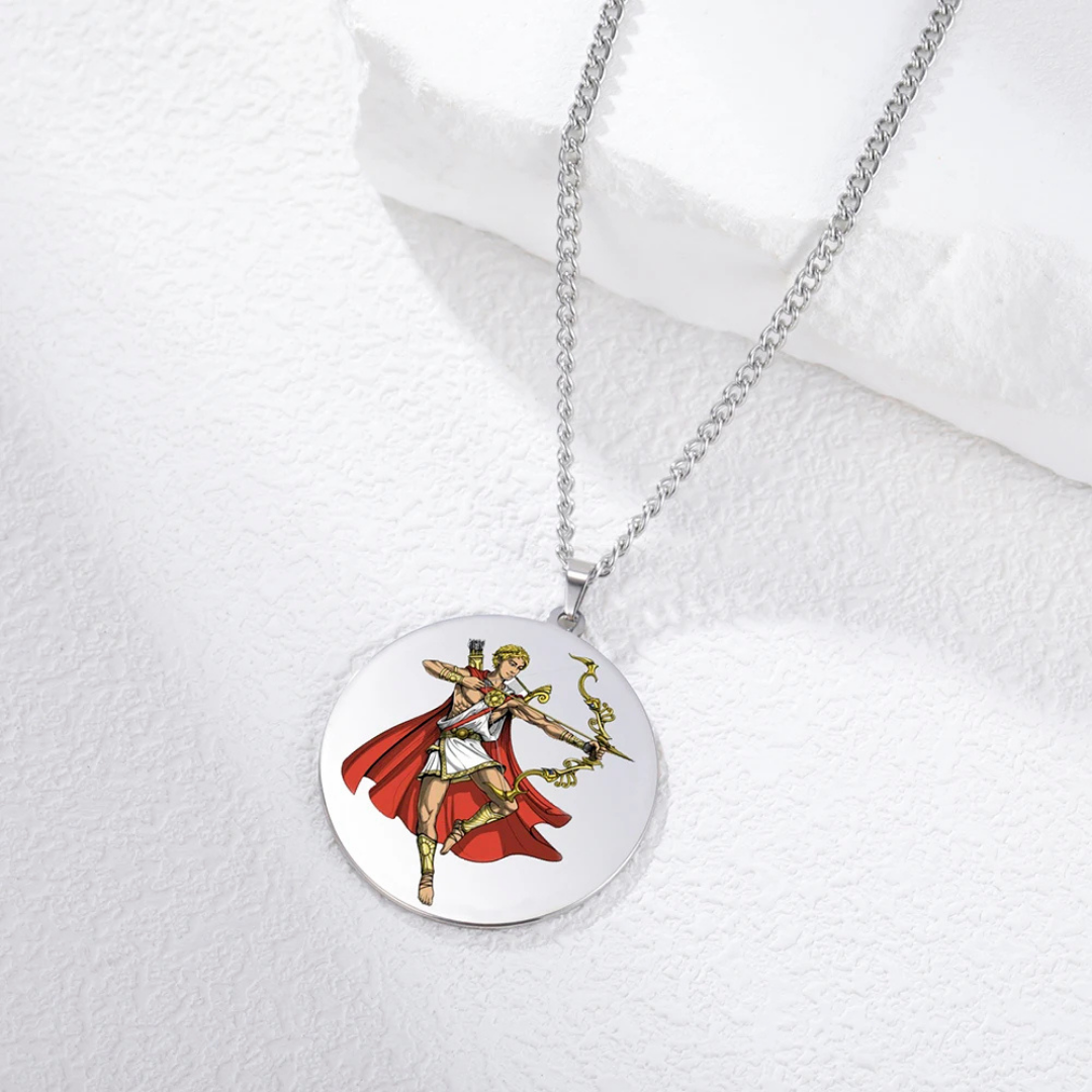 Necklace with a circular pendant featuring an illustration of the Greek God Apollo in red armor on a white background