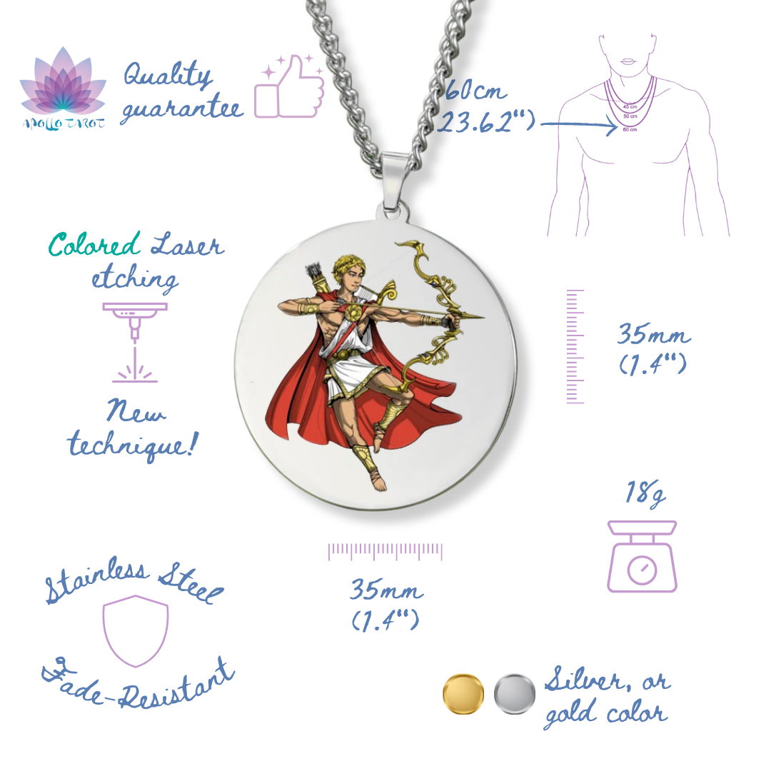 Medallion with the Greek God Apollo design on a white background with text and measurements