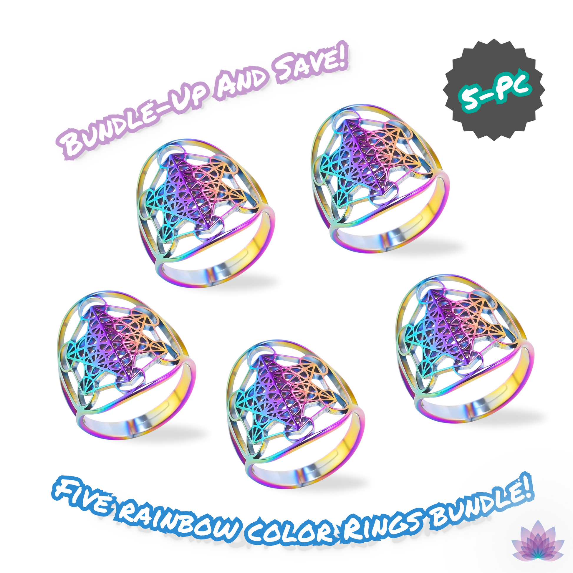 Archangel Metatron Cube Ring 5-pc Bundle • Witchy Silver-Gold-Rainbow Adjustable Occult Magick Jewelry • Five Sacred Geometry Rings Set • Apollo Tarot Shop
