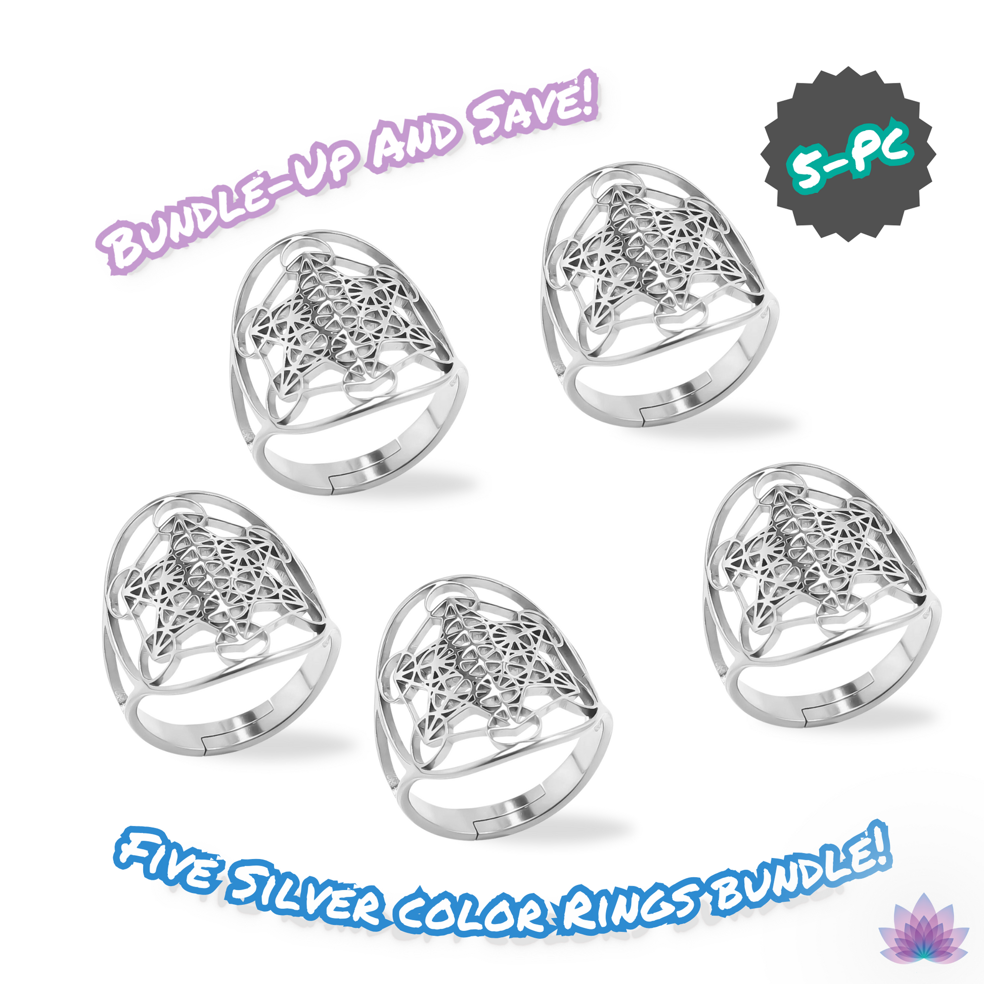 Archangel Metatron Cube Ring 5-pc Bundle • Witchy Silver-Gold-Rainbow Adjustable Occult Magick Jewelry • Five Sacred Geometry Rings Set • Apollo Tarot Shop