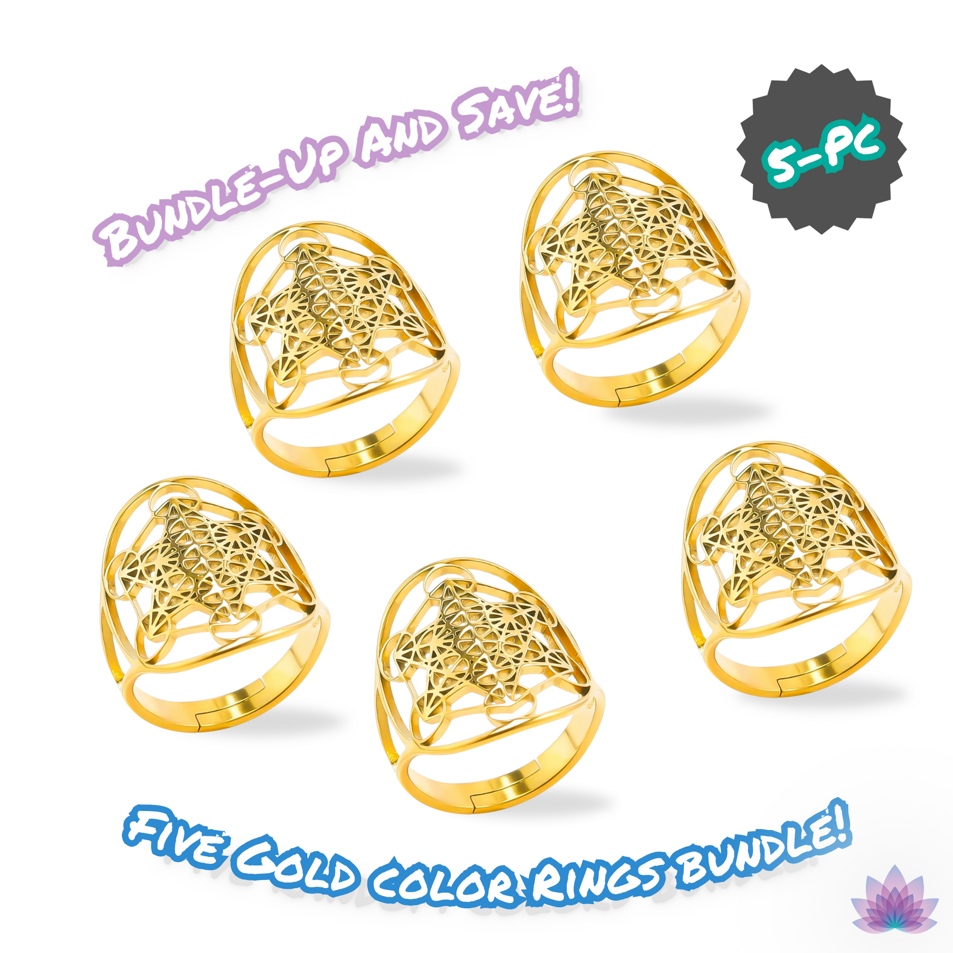 Archangel Metatron Cube Ring 5-pc Bundle • Witchy Silver-Gold-Rainbow Adjustable Occult Magick Jewelry • Five Sacred Geometry Rings Set • Apollo Tarot Shop