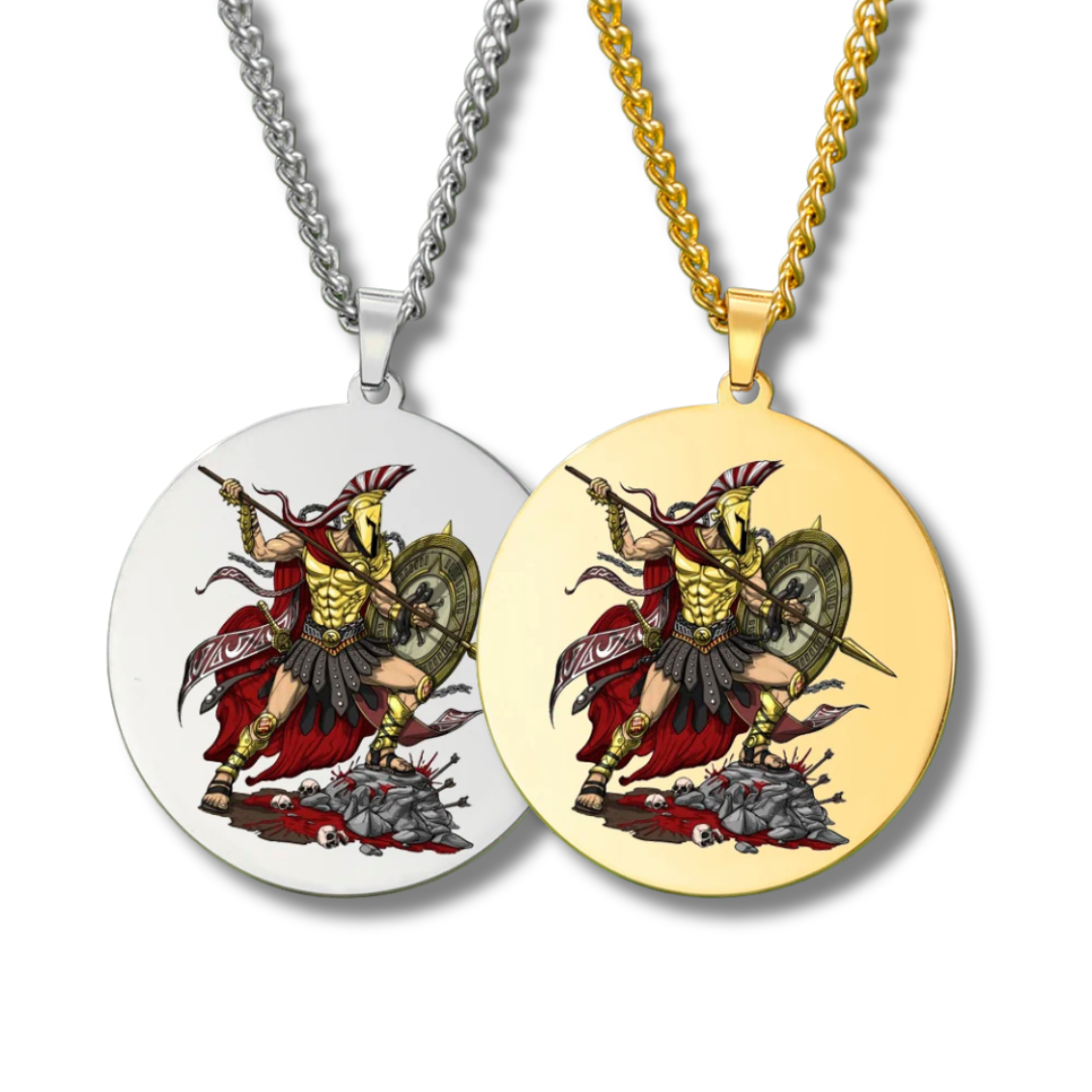 Two round pendants featuring the Greek God Ares as a warrior design on silver and gold chains.