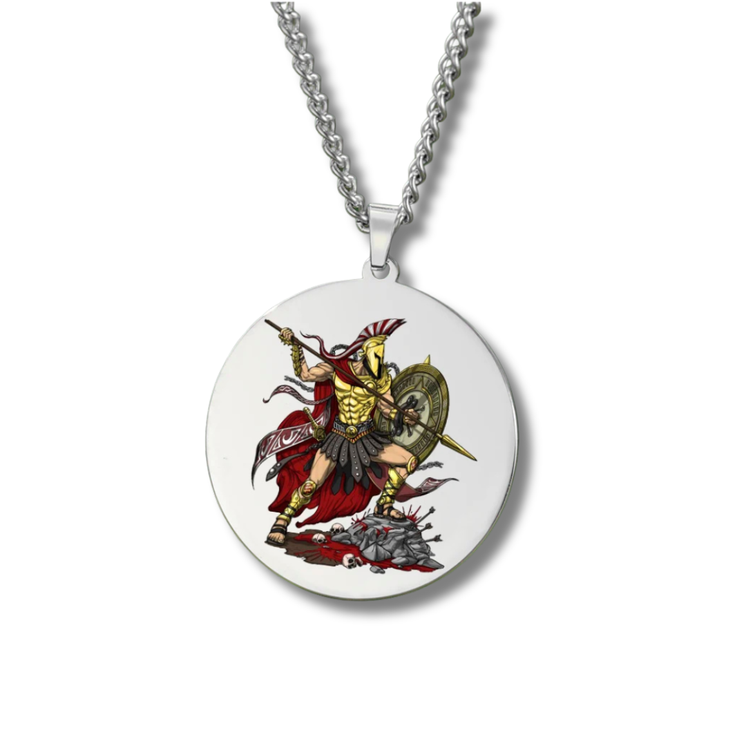 Medallion necklace with the Greek God Ares as a warrior design on a white background