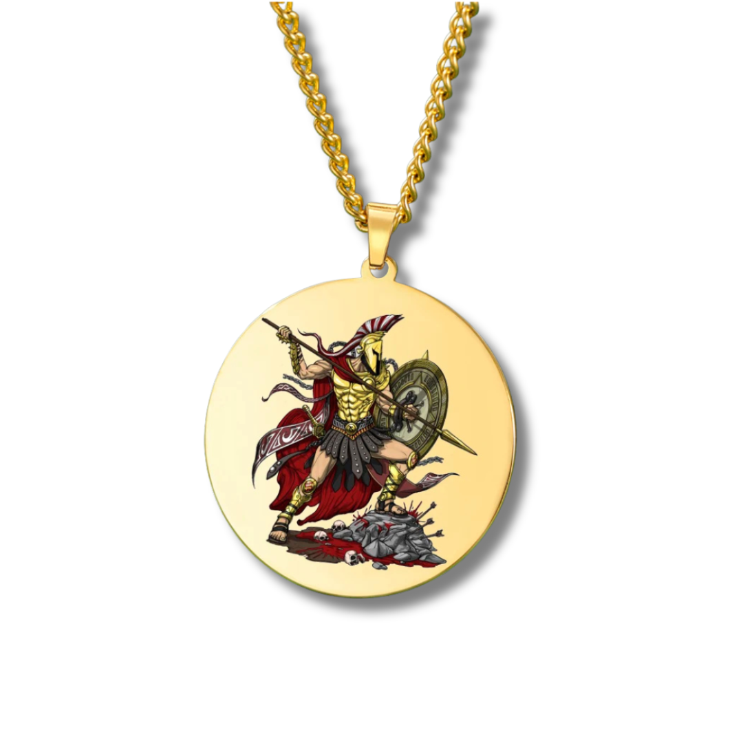 Gold pendant with the Greek God Ares as a warrior design on a white background
