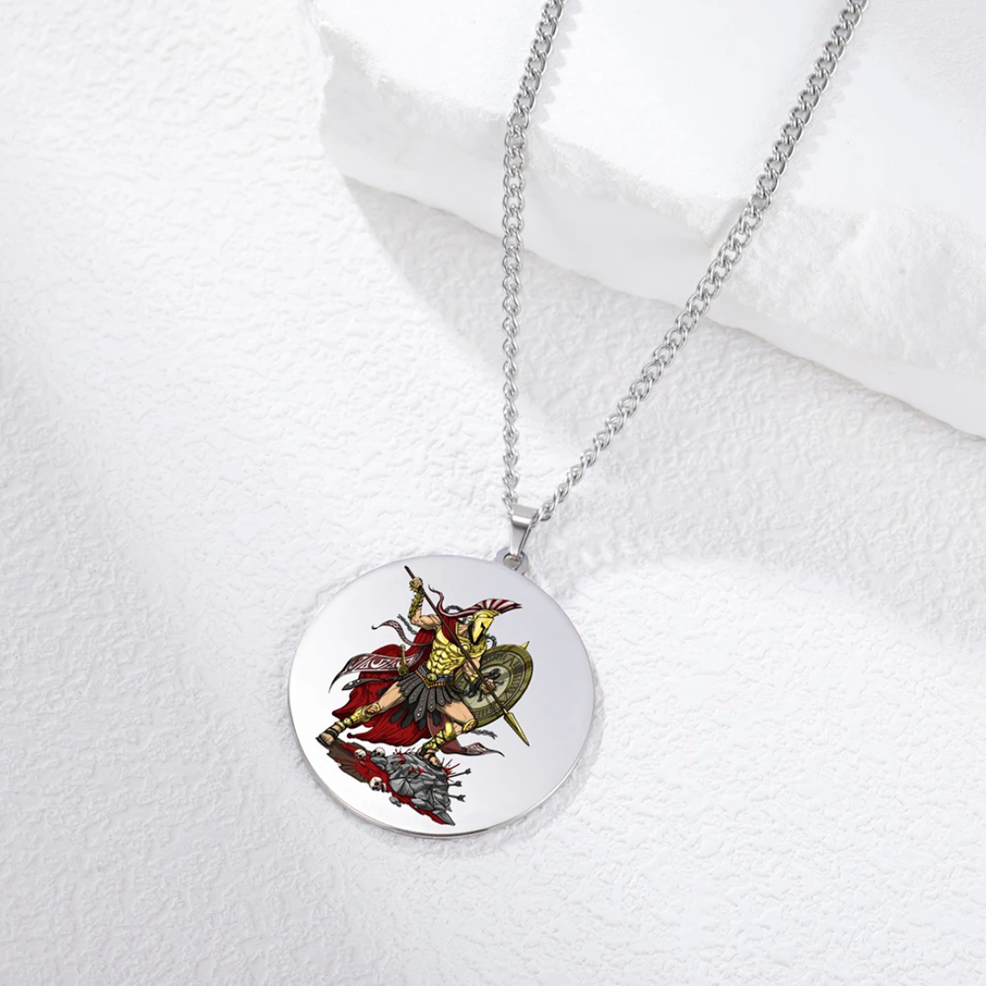 Necklace with a round pendant featuring a colorful depiction of the Greek God Ares as a warrior on a white background