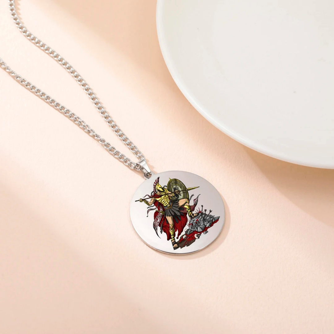 Necklace with a round pendant featuring a colorful design on a beige background