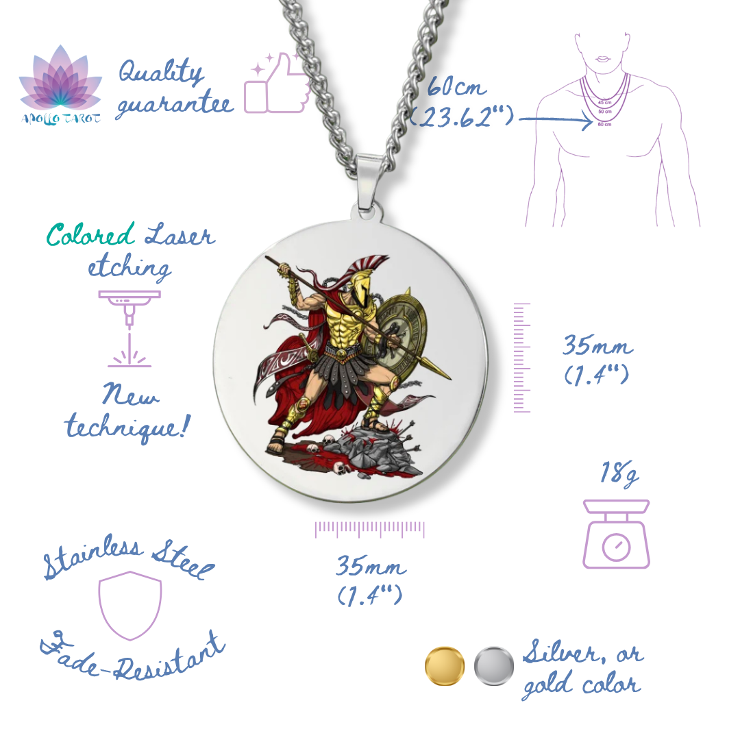 Medallion necklace with warrior design, measurements, and material details on a white background
