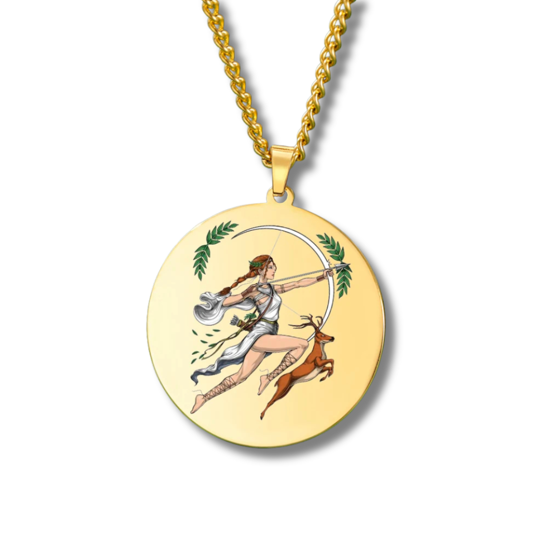 Gold necklace with a pendant featuring a classical design of Goddess Artemis  on a white background