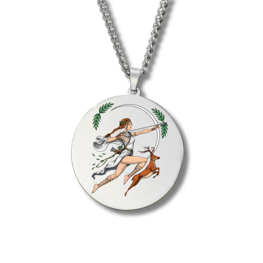 Necklace with a circular pendant featuring an illustration of Goddess Artemis and deer on a white background